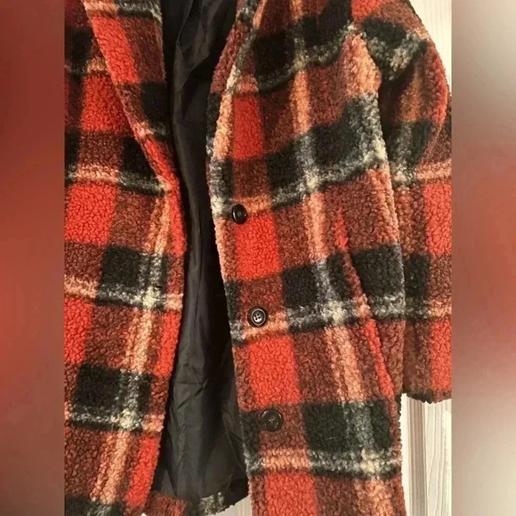 LOVE TREE BURNED ORANGE PLAID TEDDY SHERPA COAT - Picture 2 of 7